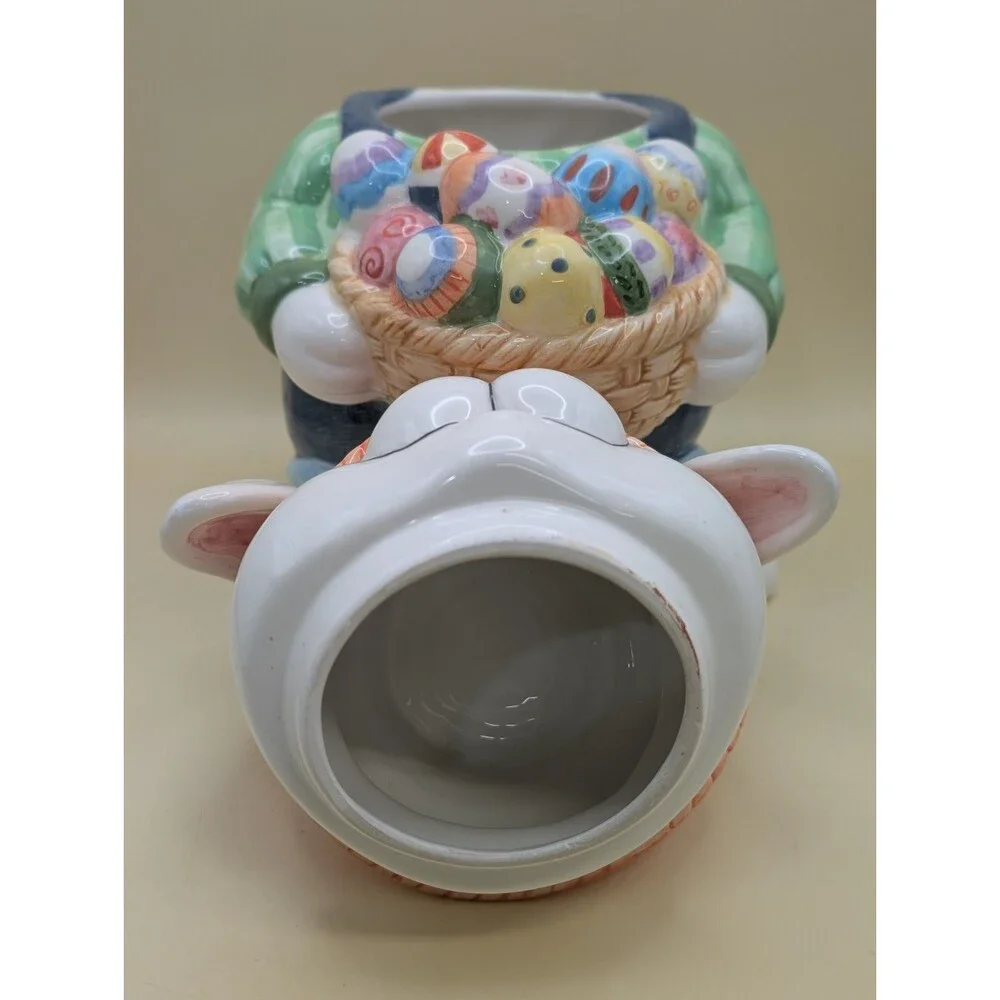 CKA Ceramic Easter Bunny Cookie Jar Vtg Rabbit Holding Basket Eggs Straw Hat *